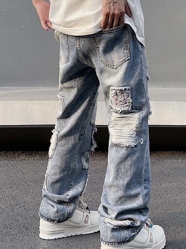 Jeans de hombre con pierna recta y rasgados lavados-3