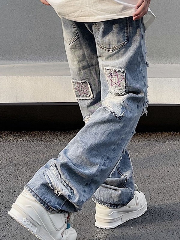 Jeans de hombre con pierna recta y rasgados lavados-1