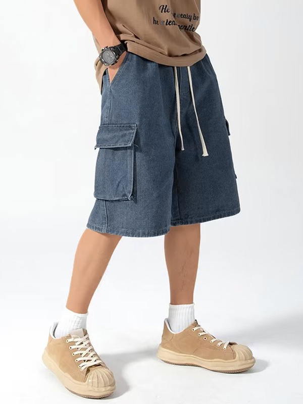 Pantalones cortos de mezclilla con cordón y bolsillo cargo para hombre-3