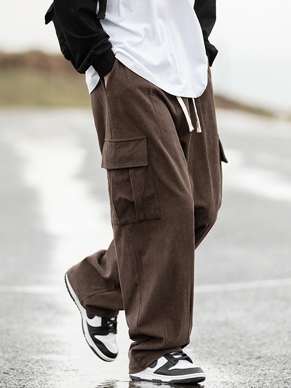 Pantalones cargo con cordones y bolsillo con solapa de pana para hombre-1