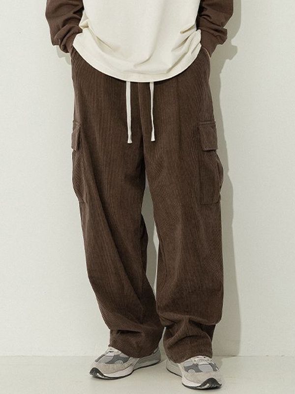 Pantalones cargo con cordones y bolsillo con solapa de pana para hombre-2
