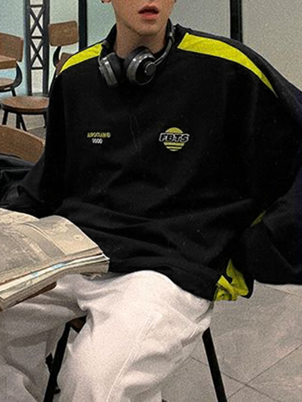 Sudadera con estampado de empalme de color en contraste para hombre-3