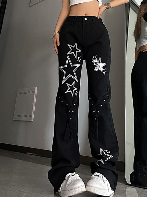 Vaqueros boyfriend acampanados con cintura alta y estampado de estrellas-1