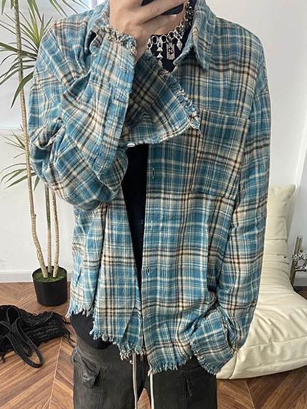 Blusa de manga larga con diseño de borlas a cuadros vintage para hombre-4
