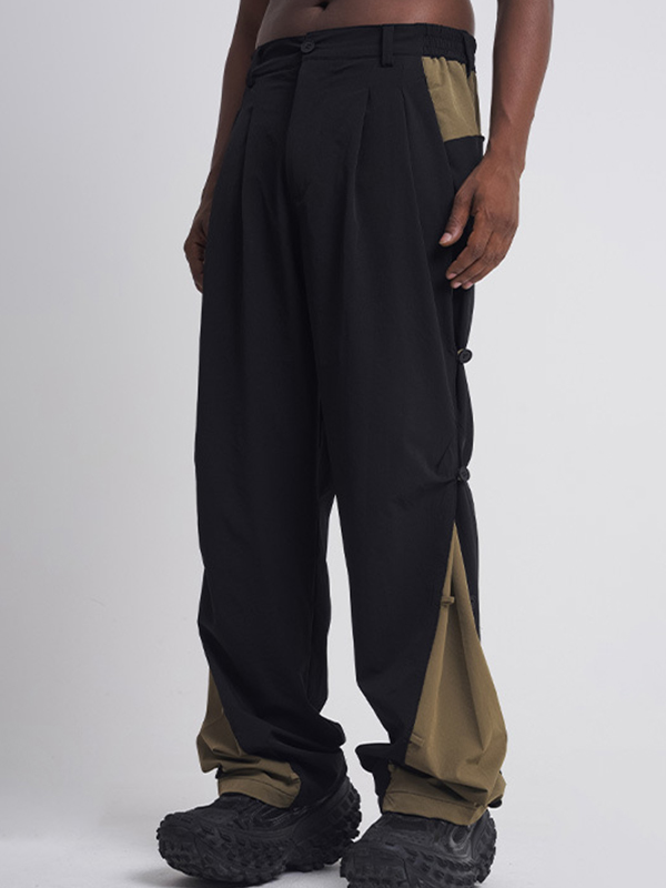Pantalones cargo con botones y empalme en contraste para hombre-1