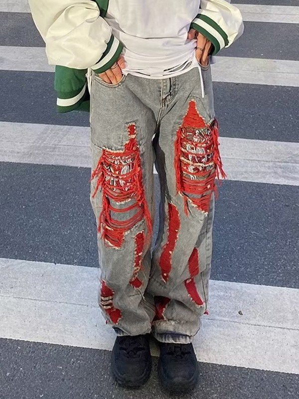 Jeans sueltos desgastados con lavado azul para hombre-3