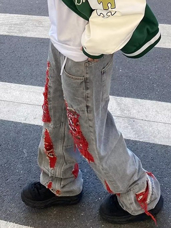 Jeans sueltos desgastados con lavado azul para hombre-2