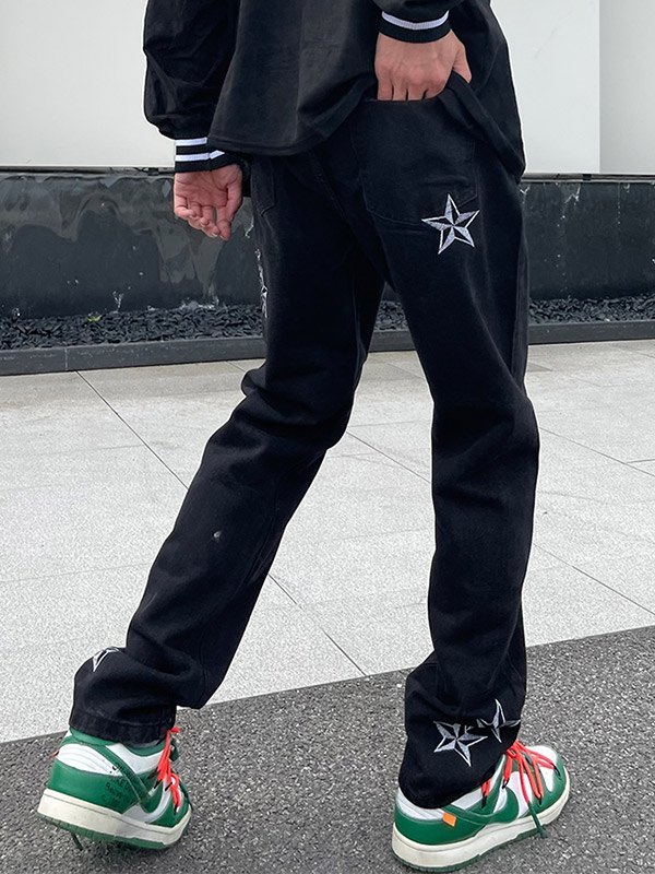 Jeans sueltos negros con estrellas bordadas para hombre-4