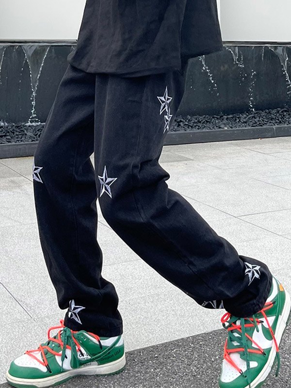 Jeans sueltos negros con estrellas bordadas para hombre-3