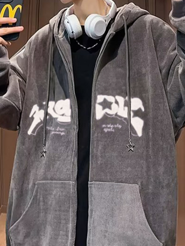 Sudadera con capucha extragrande con estampado de estrellas flocadas para hombre-2