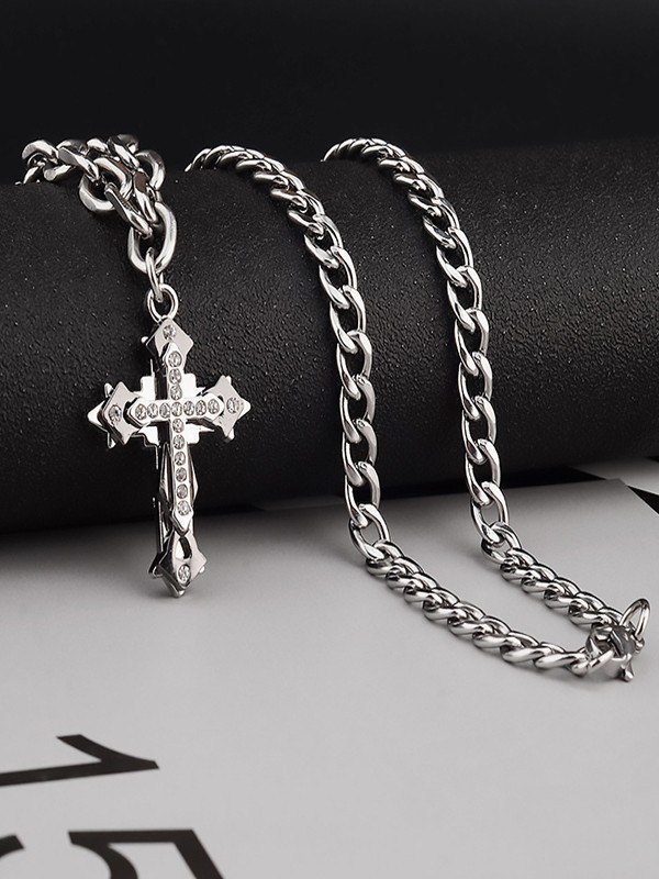 Collar con colgante de cruz de diamantes de imitación para hombre-3