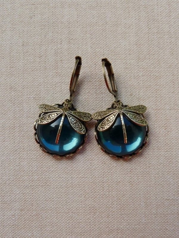 Pendientes de aro con colgante de piedra de libélula vintage-4