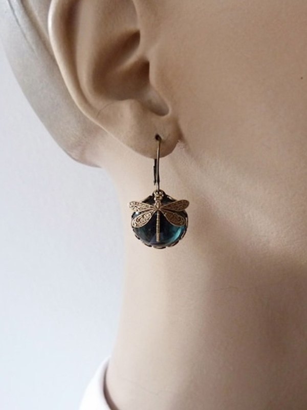 Pendientes de aro con colgante de piedra de libélula vintage-1