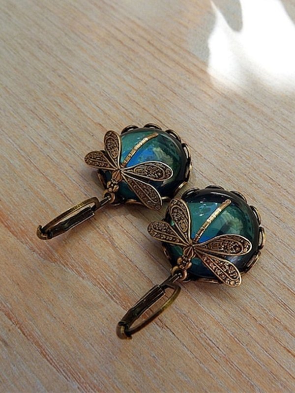 Pendientes de aro con colgante de piedra de libélula vintage-3