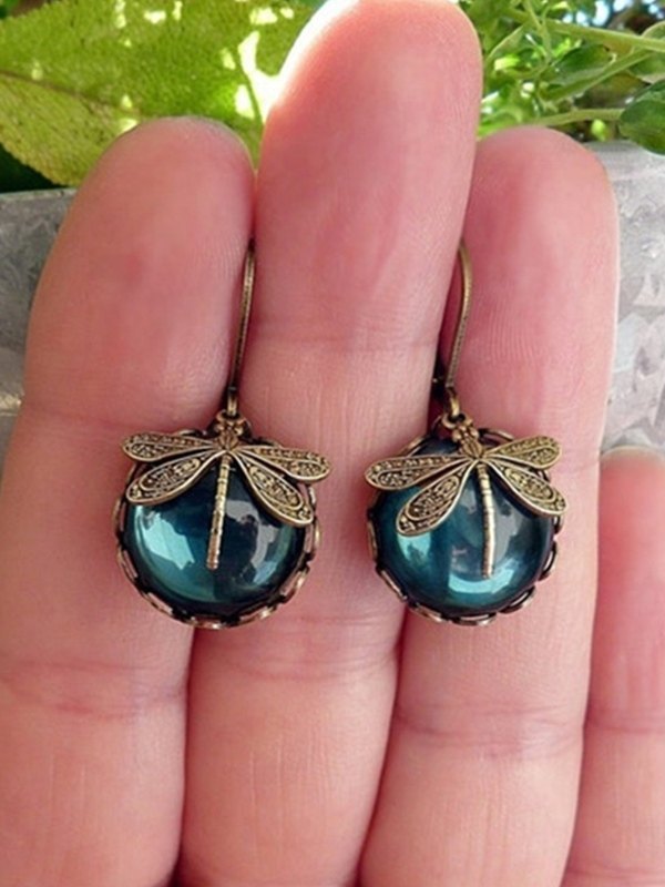Pendientes de aro con colgante de piedra de libélula vintage-2